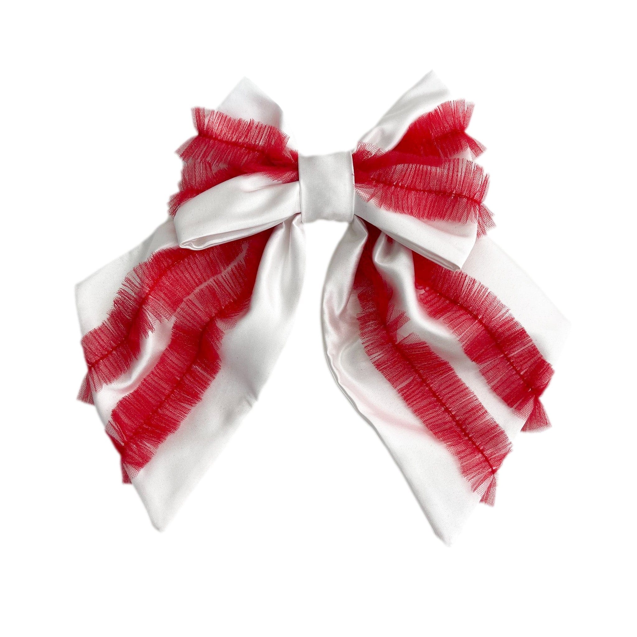 Holly Ruffle Hair Bow in red and white featuring layered satin ribbon and festive ruffle trim for girls.