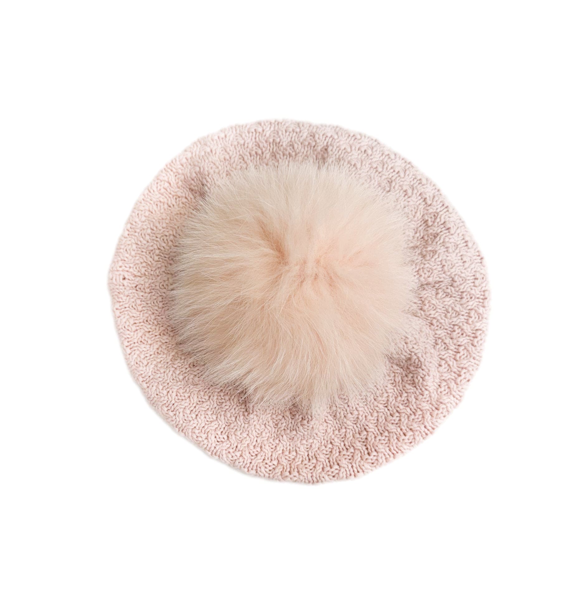 Julie pink cotton knit beret for girls featuring a detachable fox fur pom pom, soft stretchy knit, and adjustable inner button for a perfect fit.