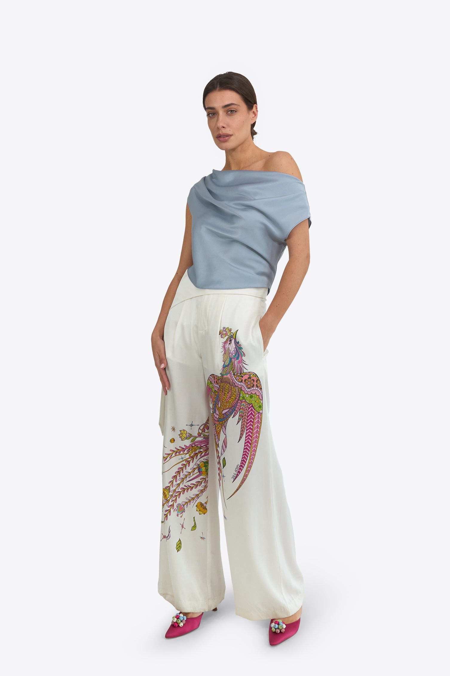 Du & Berry Phoenix Belted Silk Trousers in white with colorful phoenix design and wide-leg fit