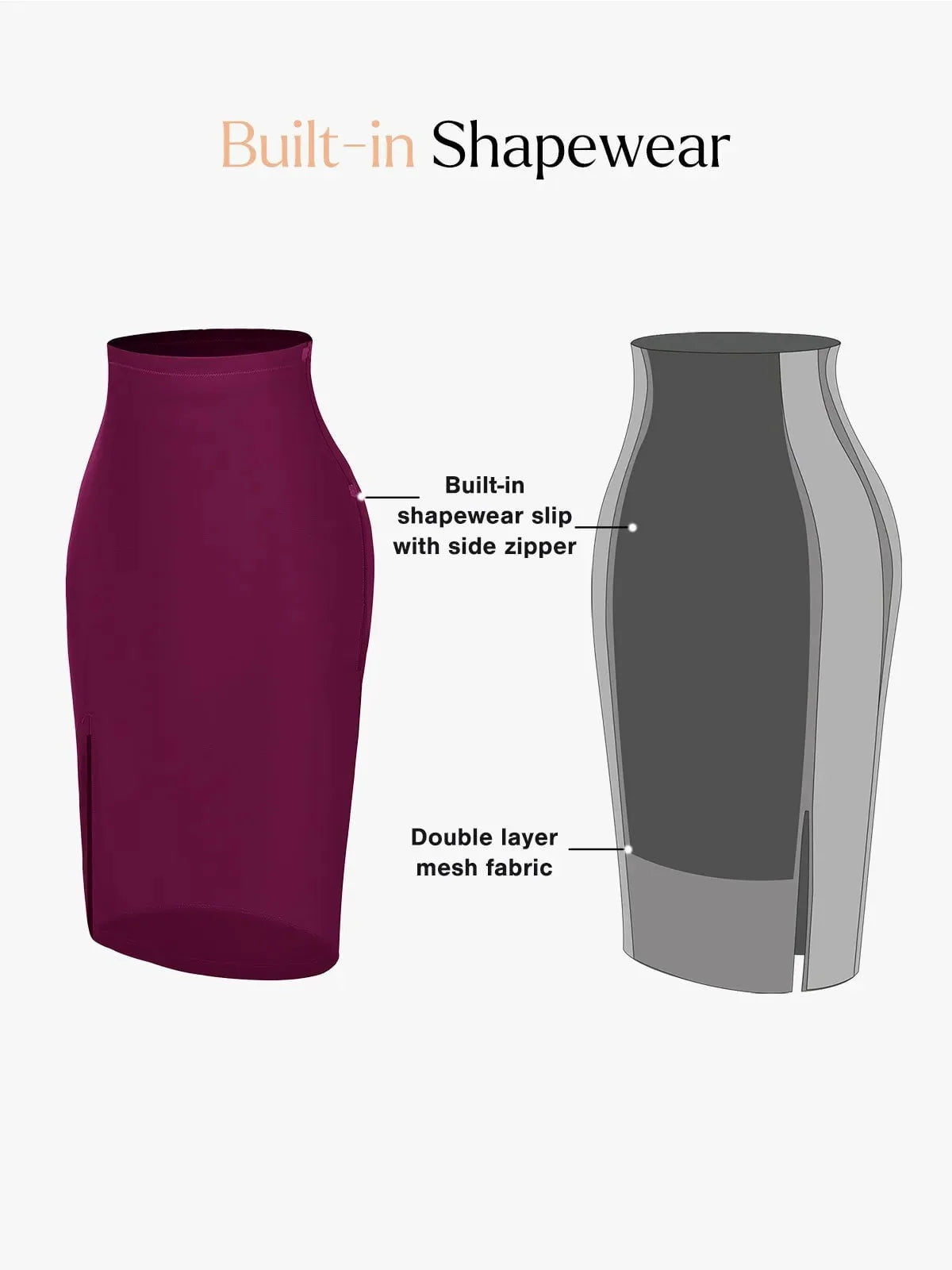 Shapewear skirt by Popilush®. Built-in design with side zipper and double-layer fabric.